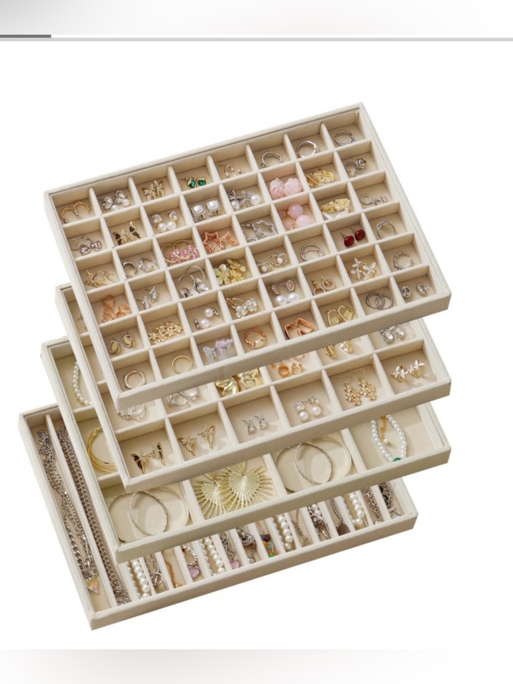Jewelry Organizer Trays with Adjustable Compartments - BEIGE VELVET (4-pack)